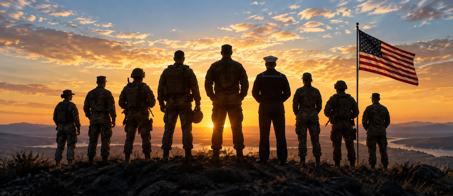 Service members gathered beside an American flag at sunset