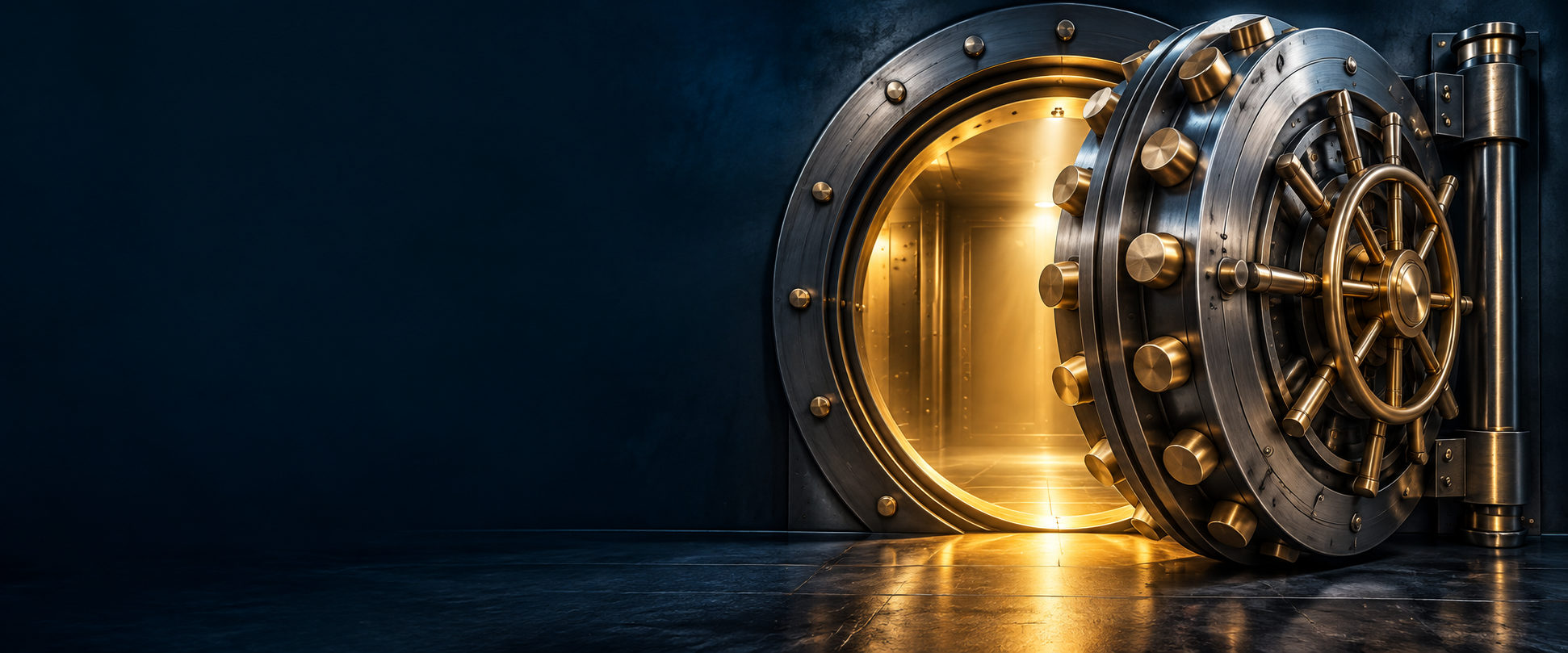 Open steel vault illuminated by warm gold light