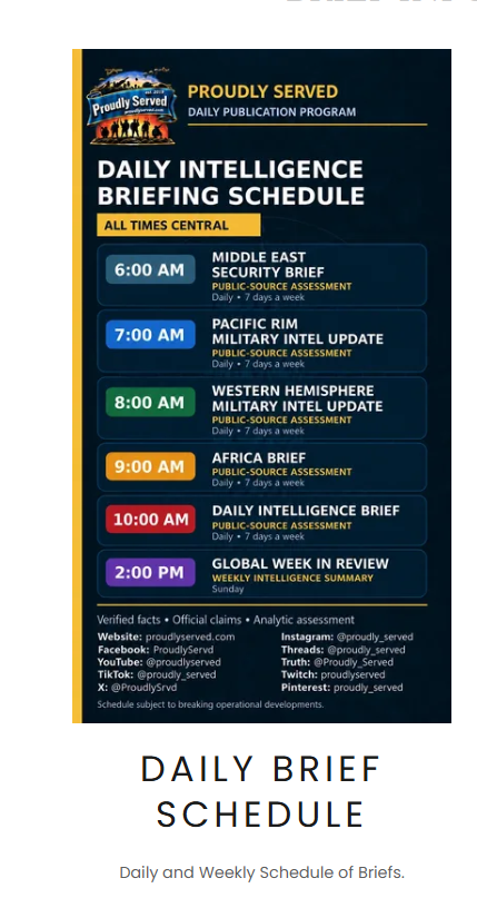Proudly Served Daily Intelligence Briefing Schedule. Full schedule is provided alongside this image.
