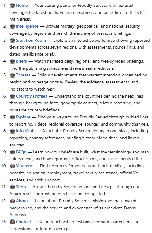 Guide to the 13 Proudly Served menu sections. Expand the readable text version below for descriptions and clickable links.